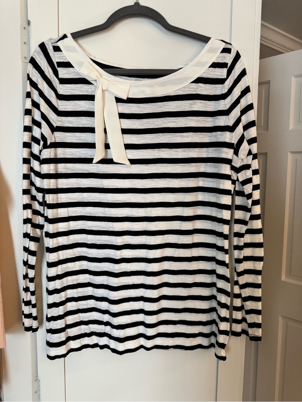 LOFT Black & White Striped Boatneck Long-Sleeve Top with Bow Accent